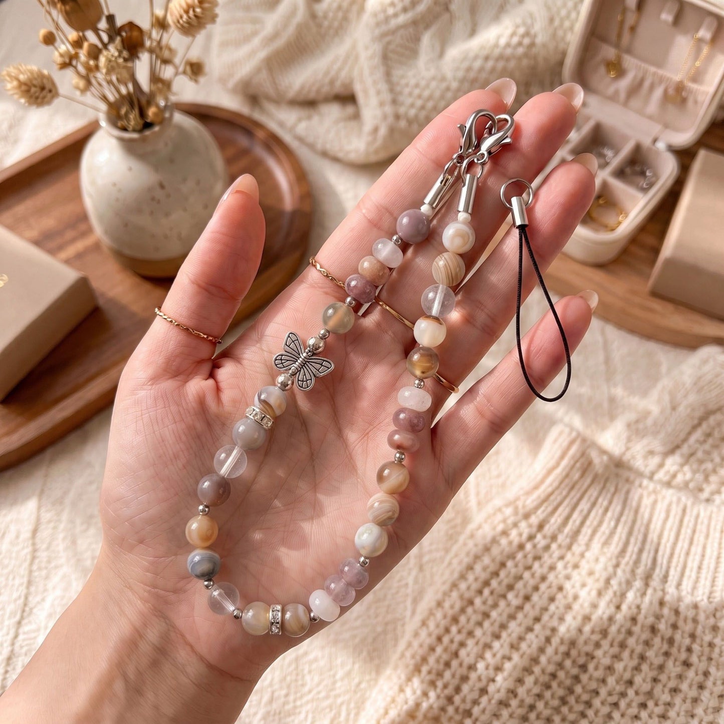Beaded Phone Wrist Strap with Butterfly Charm