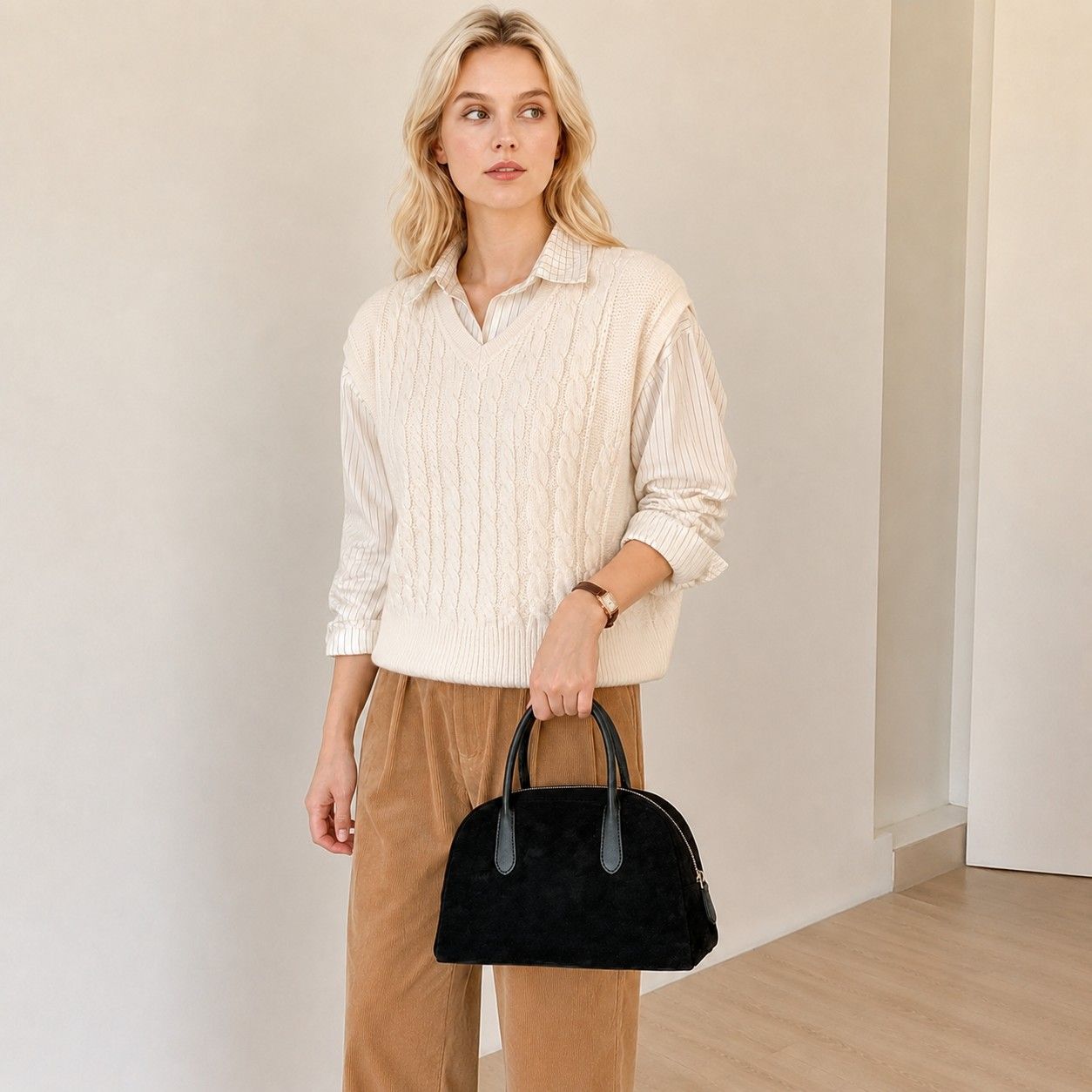 Faux Suede Satchel Bag with Double Handles Zip Closure and Interior Pockets