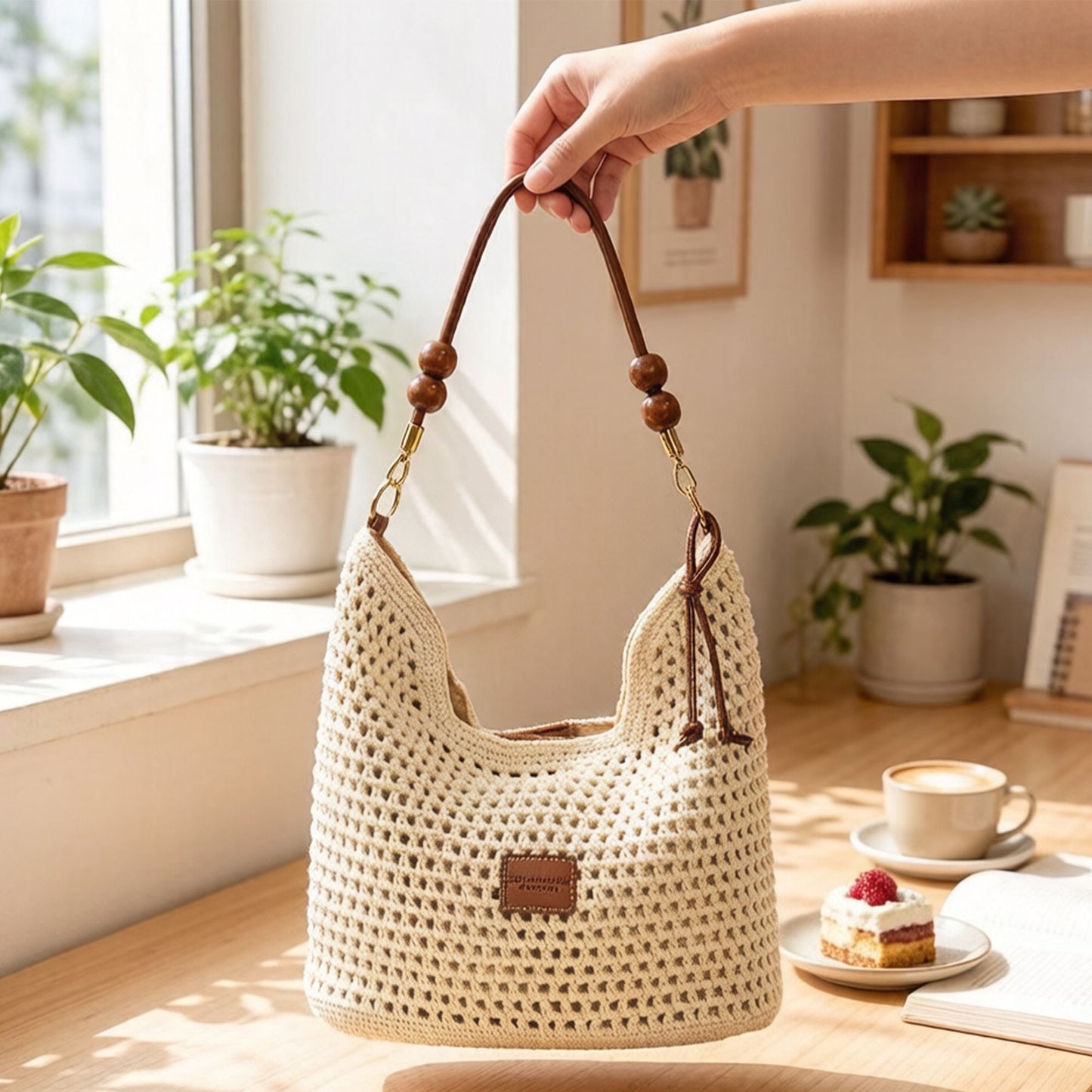 Crochet Shoulder Bag with Wooden Bead Strap Knit Hobo Handbag Lined Casual Everyday Tote