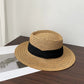 Straw Boater Hat Flat Top Wide Brim Summer Beach Sun Hat Lightweight