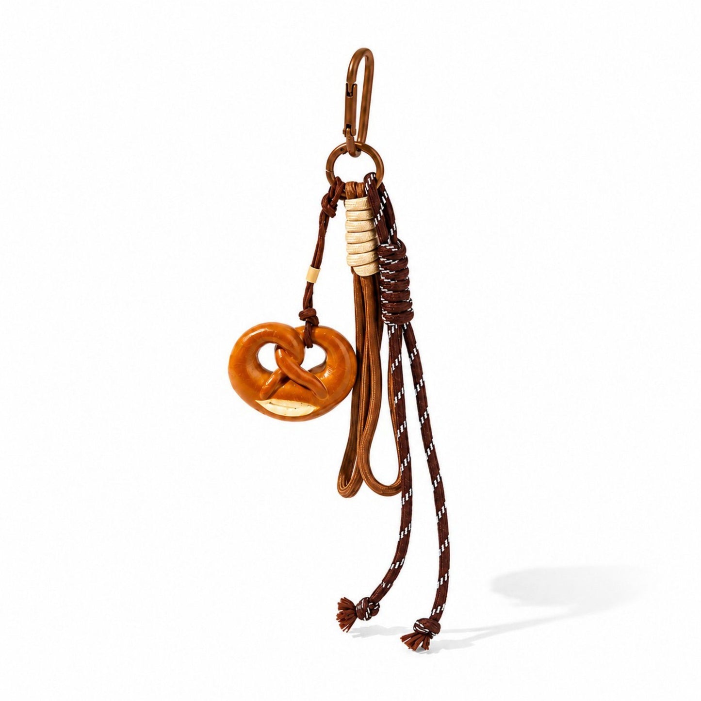 Pretzel Keychain Bag Charm with Brown Cord Tassel Carabiner Clip and Gold Tone Accent