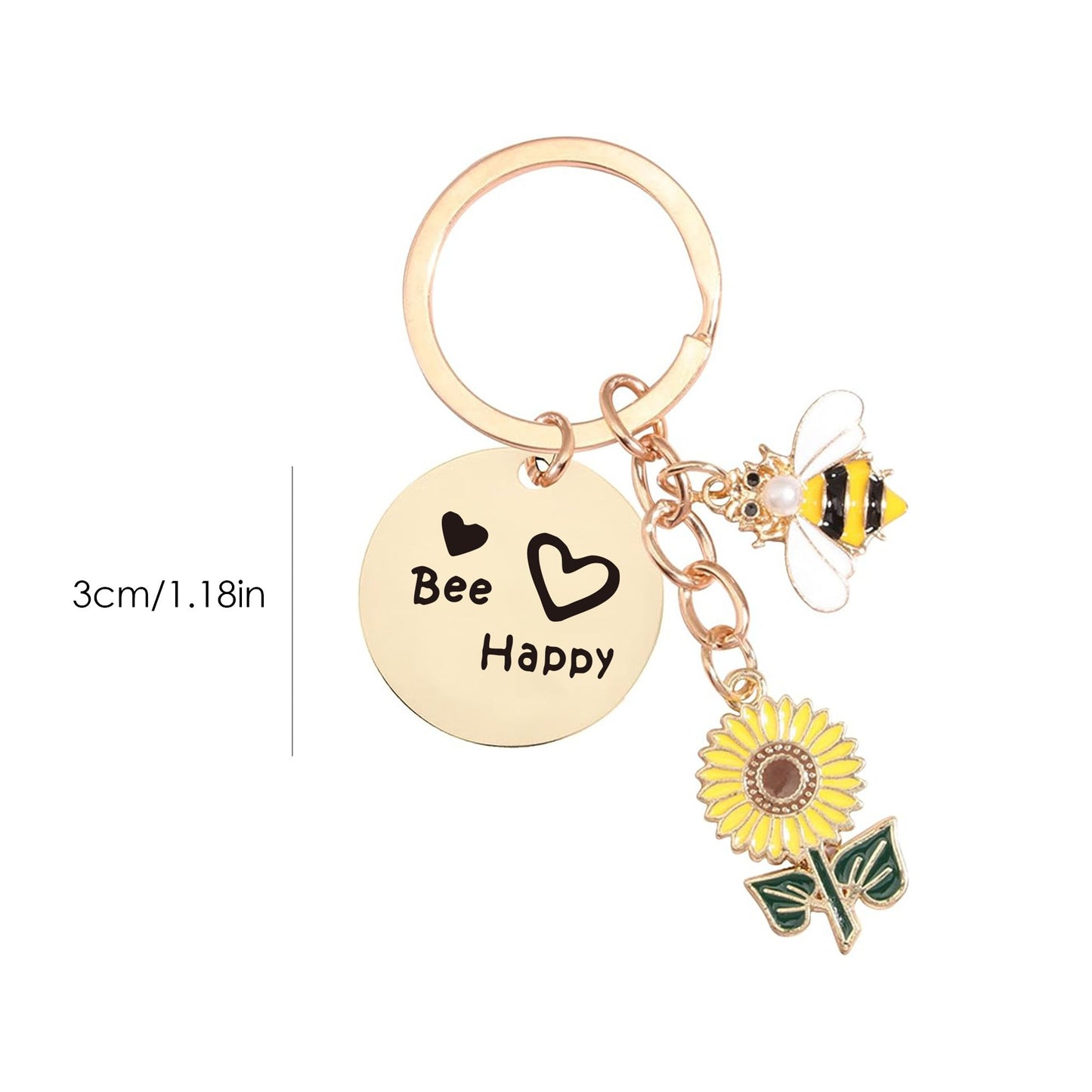 2 Pack Bee Happy Sunflower Keychain with Bee Charm Round Tag and Key Ring Bag Accessory