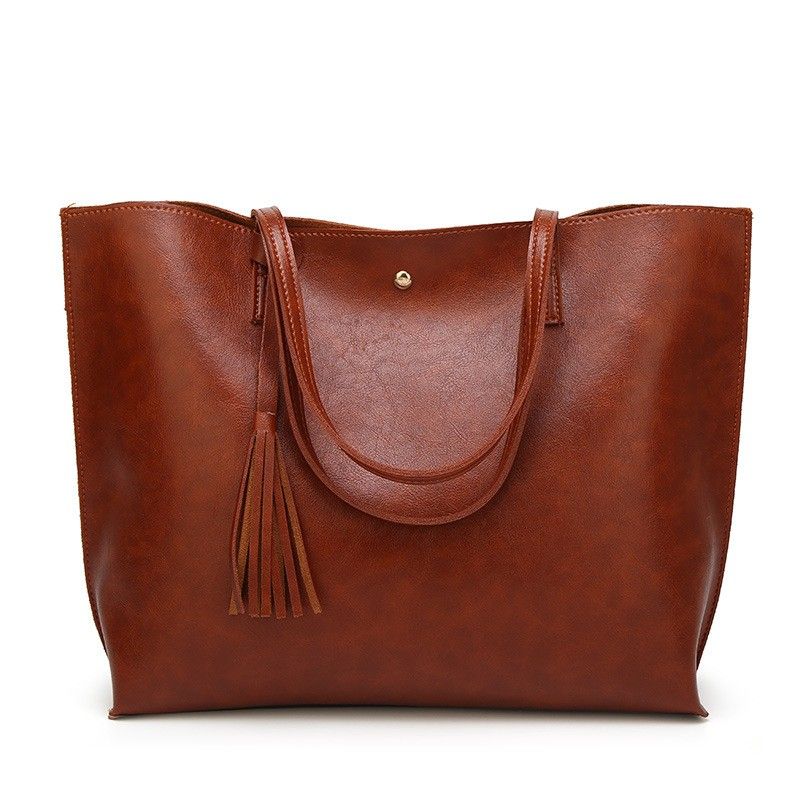 Large Faux Leather Shoulder Tote Bag with Tassel and Magnetic Snap Closure
