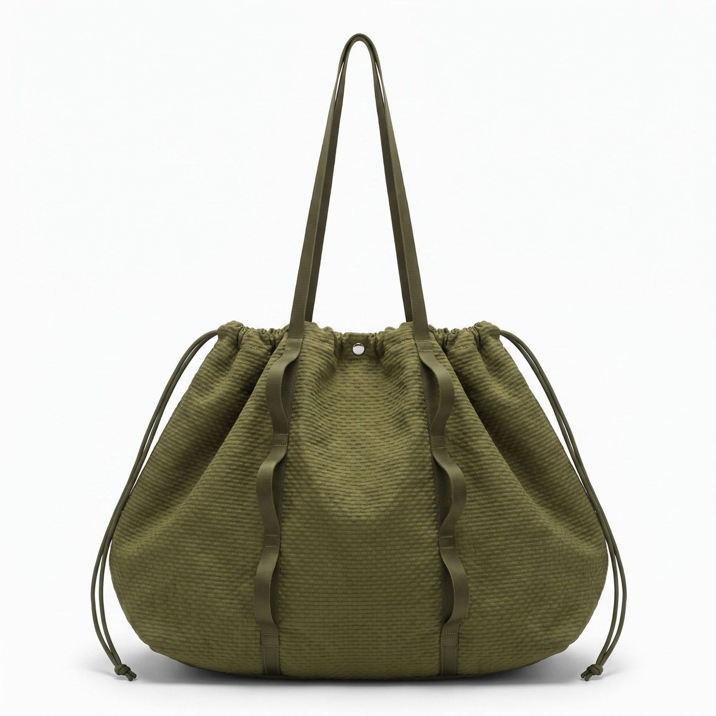 Textured Drawstring Tote Bag with Long Shoulder Straps and Ruffled Trim 13x15.5x5.5in