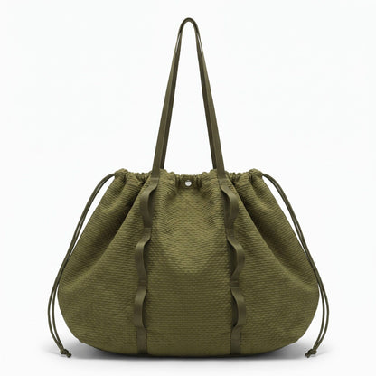 Textured Drawstring Tote Bag with Long Shoulder Straps and Ruffled Trim 13x15.5x5.5in