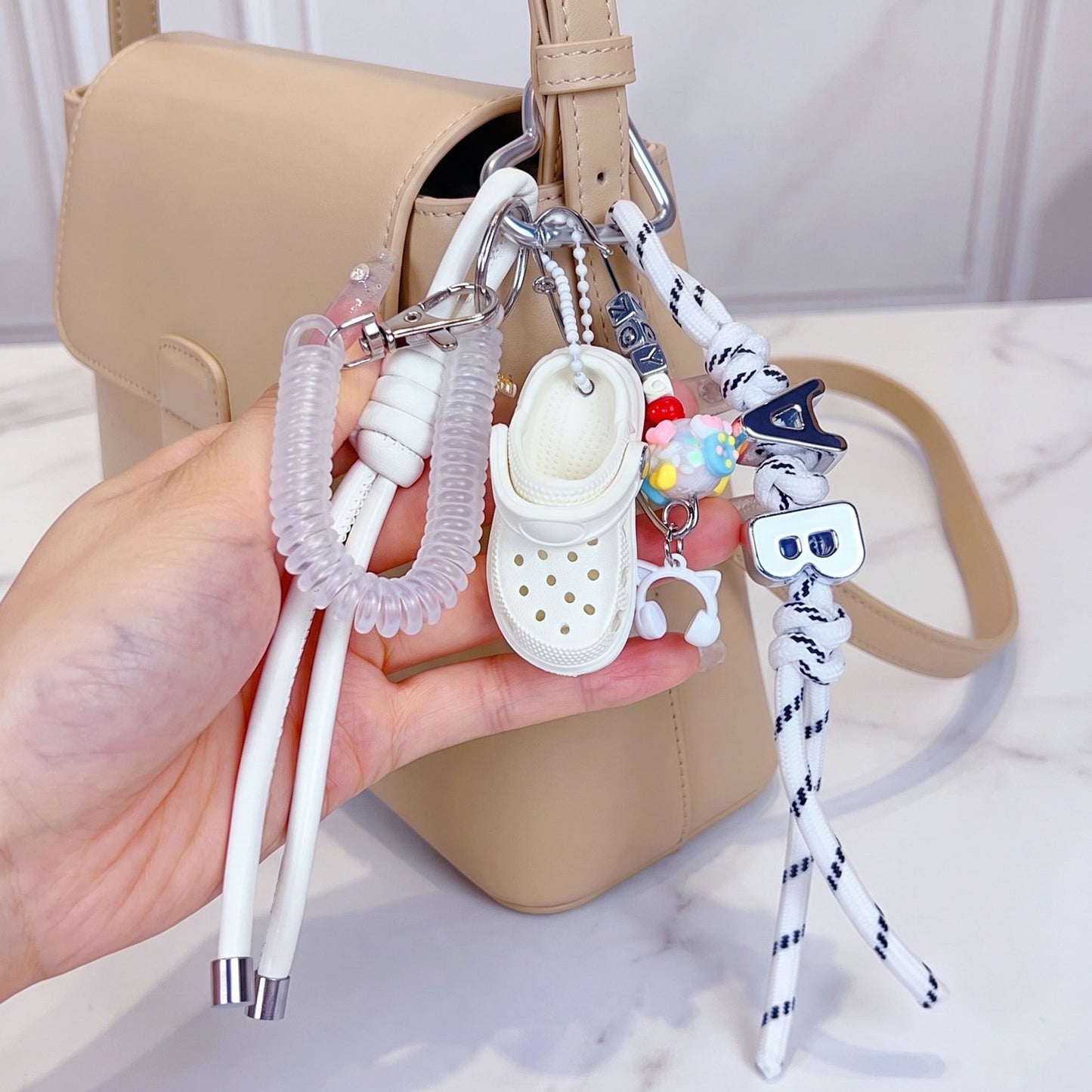 Multi-Charm Accessory with Hanging Clip and Letter Accents