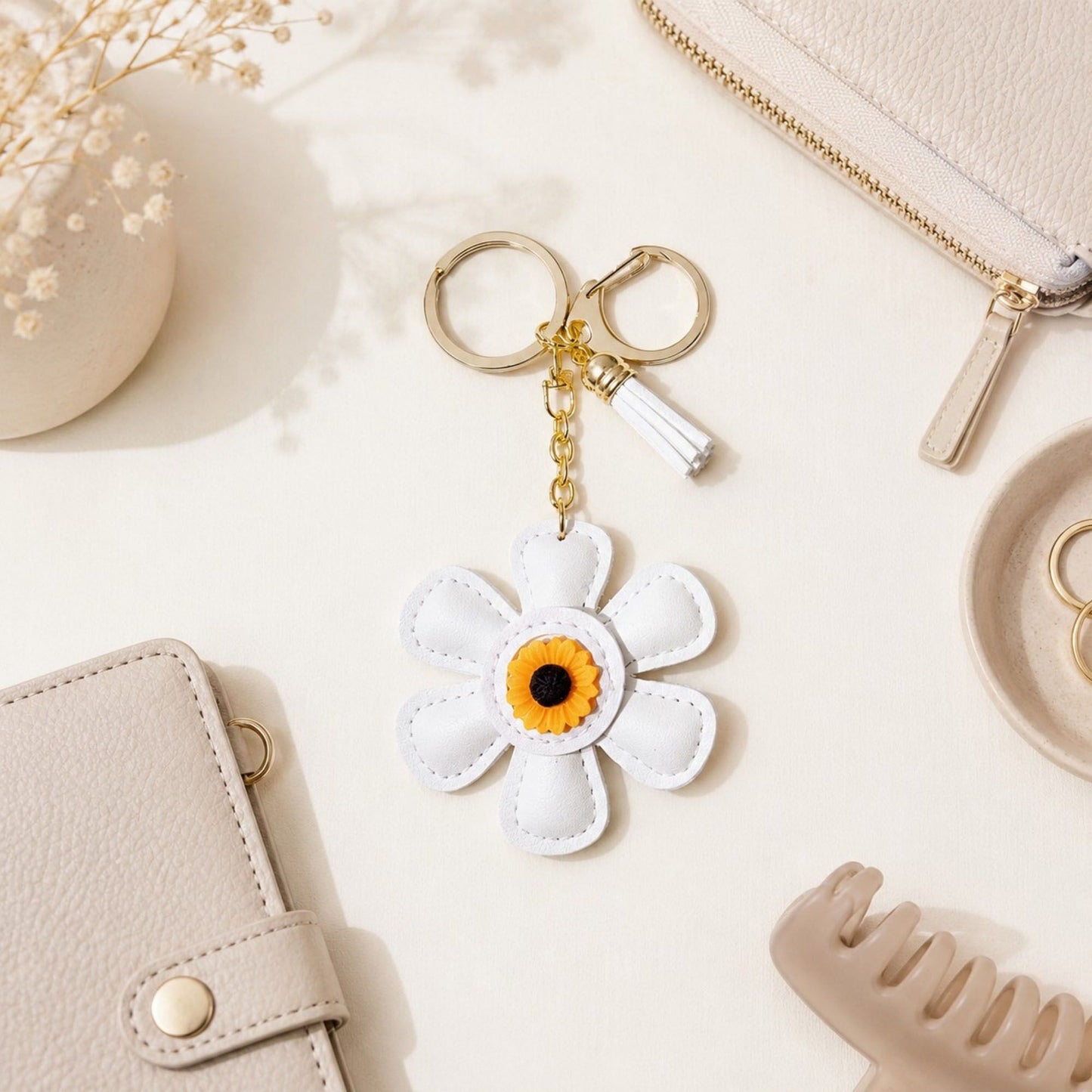 Faux Leather Sunflower Bag Charm Keychain Beige Floral Purse Accessory with Tassel