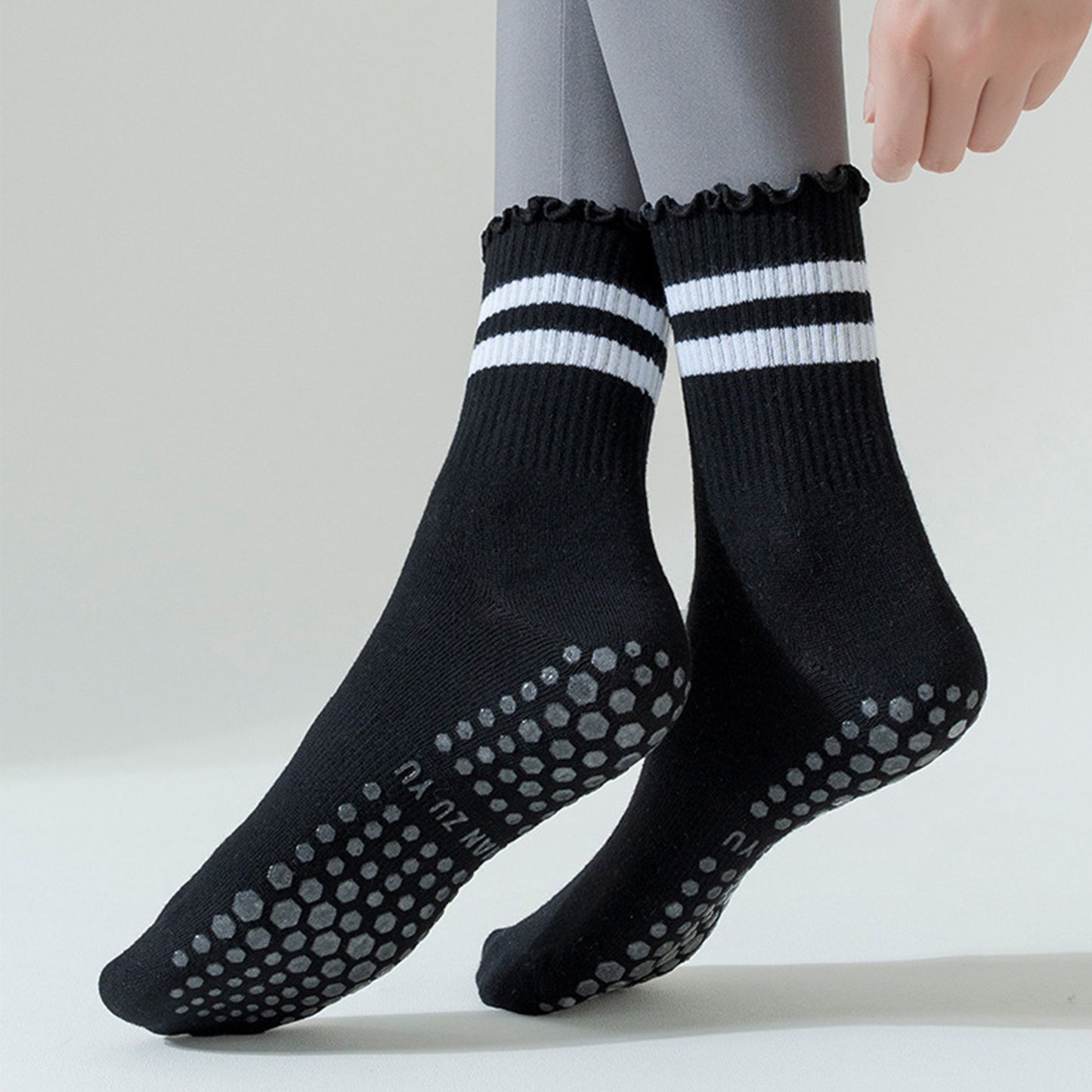 2-Pack Non-Slip Athletic Crew Socks with Ruffle Cuff and Stripe Detail Soft Stretch Fit