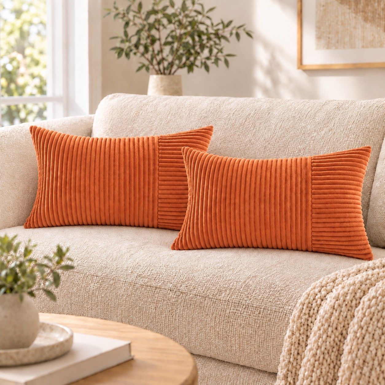 2 Pack Soft Corduroy Throw Pillow Covers 18 x 18 Inch and 12 x 20 Inch