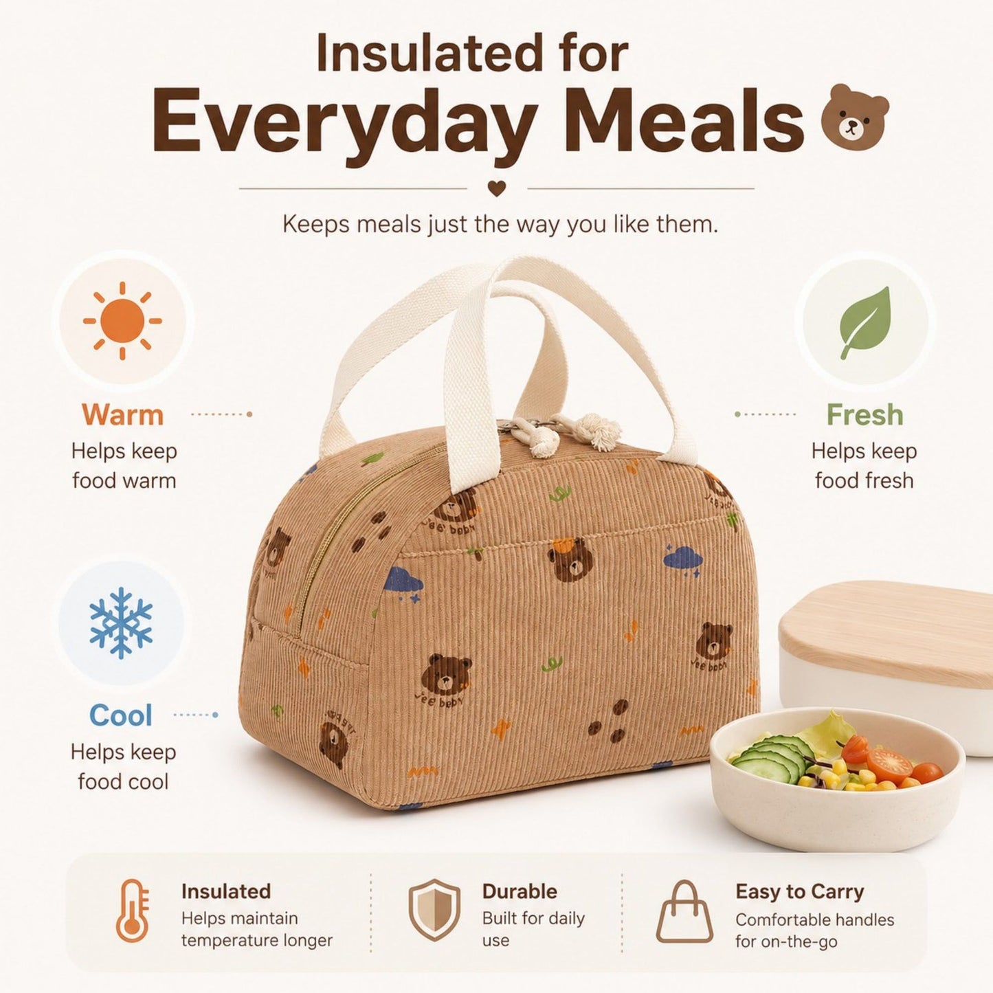 Heart Print Corduroy Insulated Lunch Bag with Handles and Zip Closure