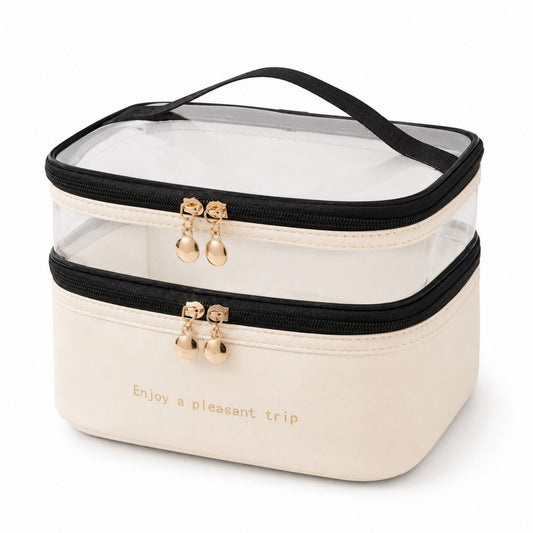Two-Tier Clear Travel Makeup Bag with Handle for Toiletries and Beauty Storage