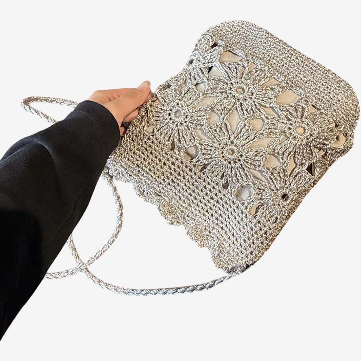Hand-Crocheted Small Crossbody Bag with Hollow Flower Design for Casual Everyday Wear
