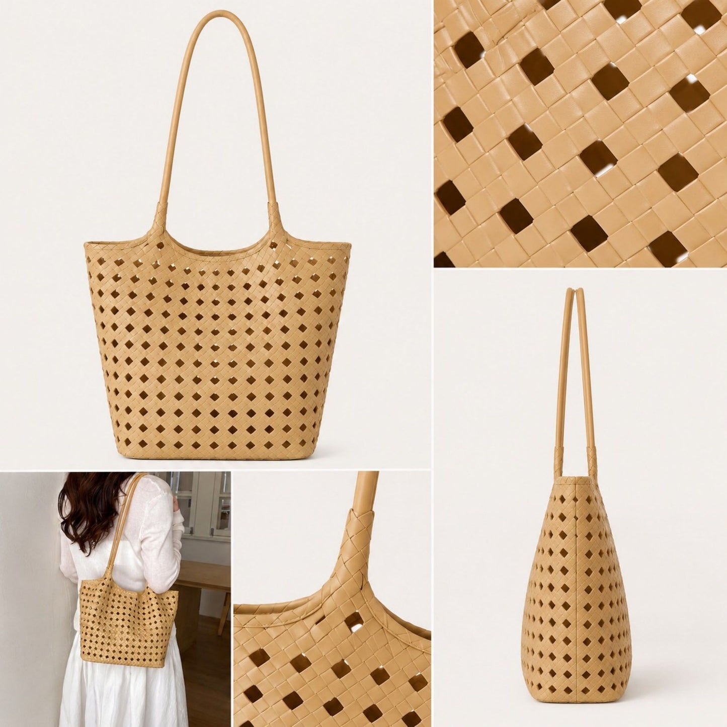 Woven Shoulder Bag with Cutout Design Soft Faux Leather Feel Tote and Inner Pouch