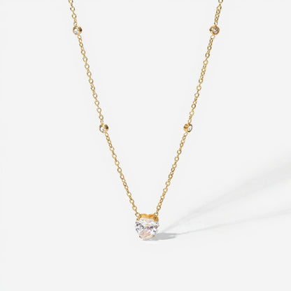 Women's Dainty Solitaire Pendant Necklace with Gold Tone Chain and Delicate Bezel-Set Crystal Accents