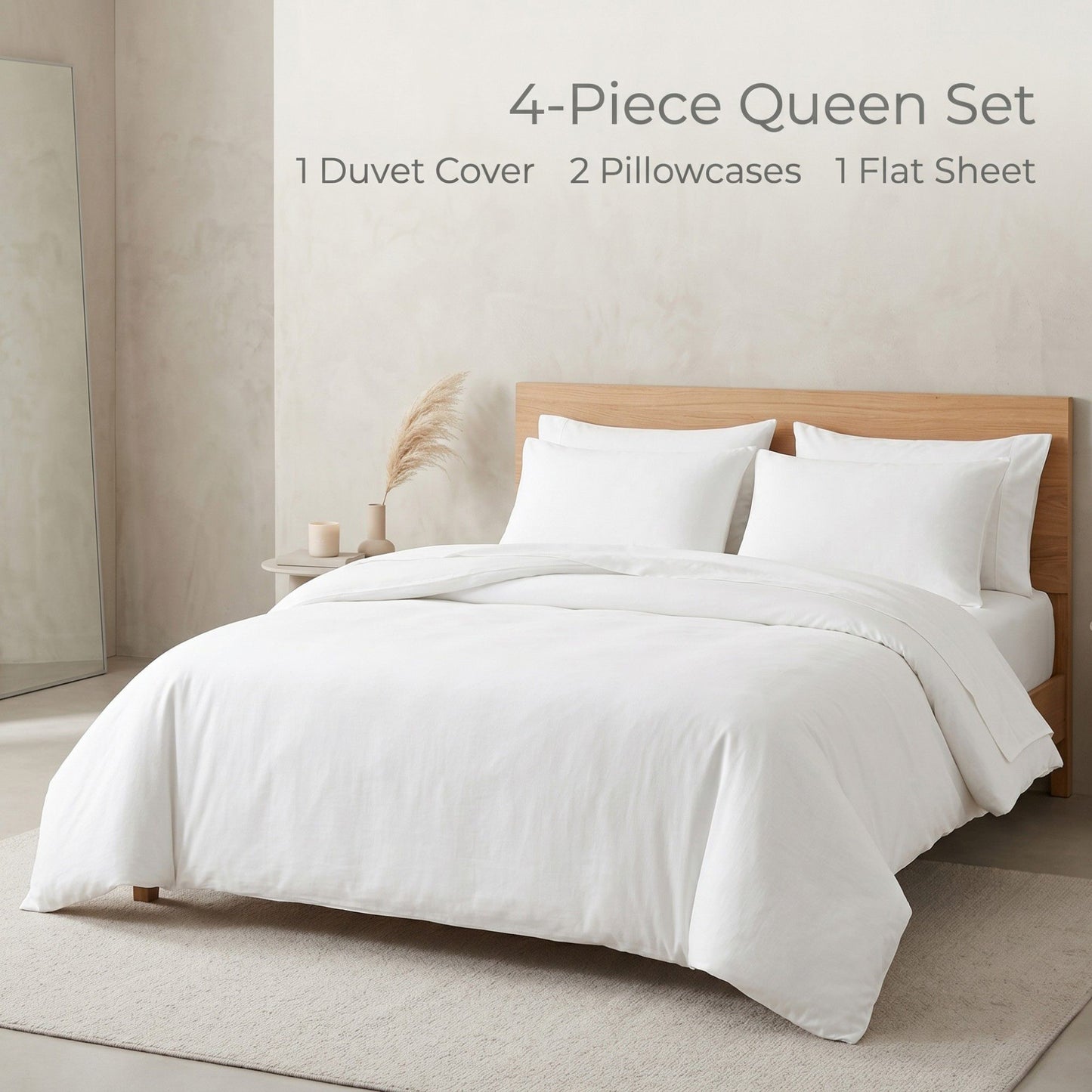 4-Piece Cotton Washed Bedding Set with Duvet Cover Flat Sheet and Pillowcases Textured Woven Finish