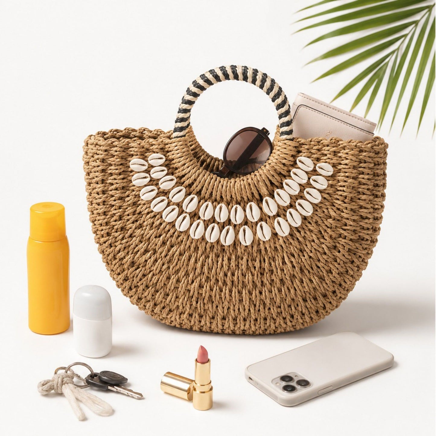 Straw Woven Shell Handbag with Round Handle
