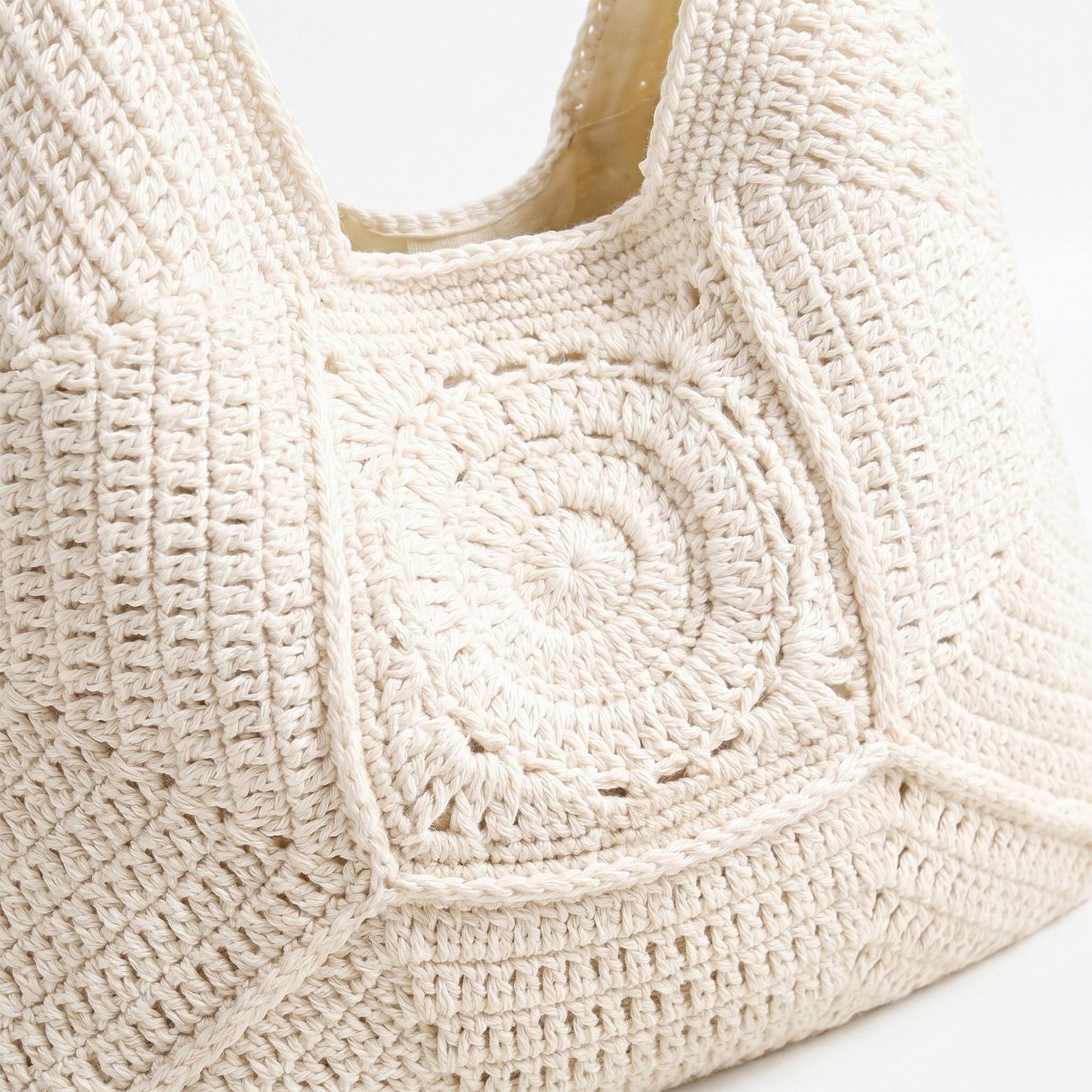 Woven Crochet Shoulder Bag with Geometric Pattern Slouchy Hobo Lightweight Knit Handbag
