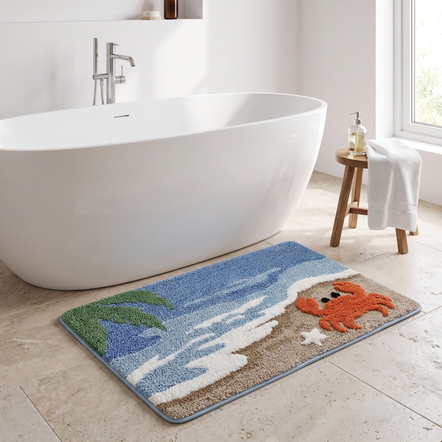 Coastal Ocean Wave Plush Bathroom Mat with Life Preserver and Seashell Design