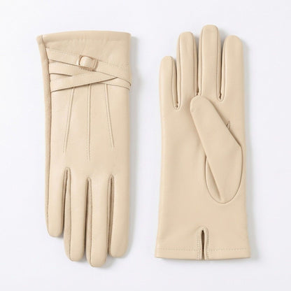 Faux Leather Winter Gloves with Crisscross Wrist Strap and Full Finger Design 9.4 x 3.3in