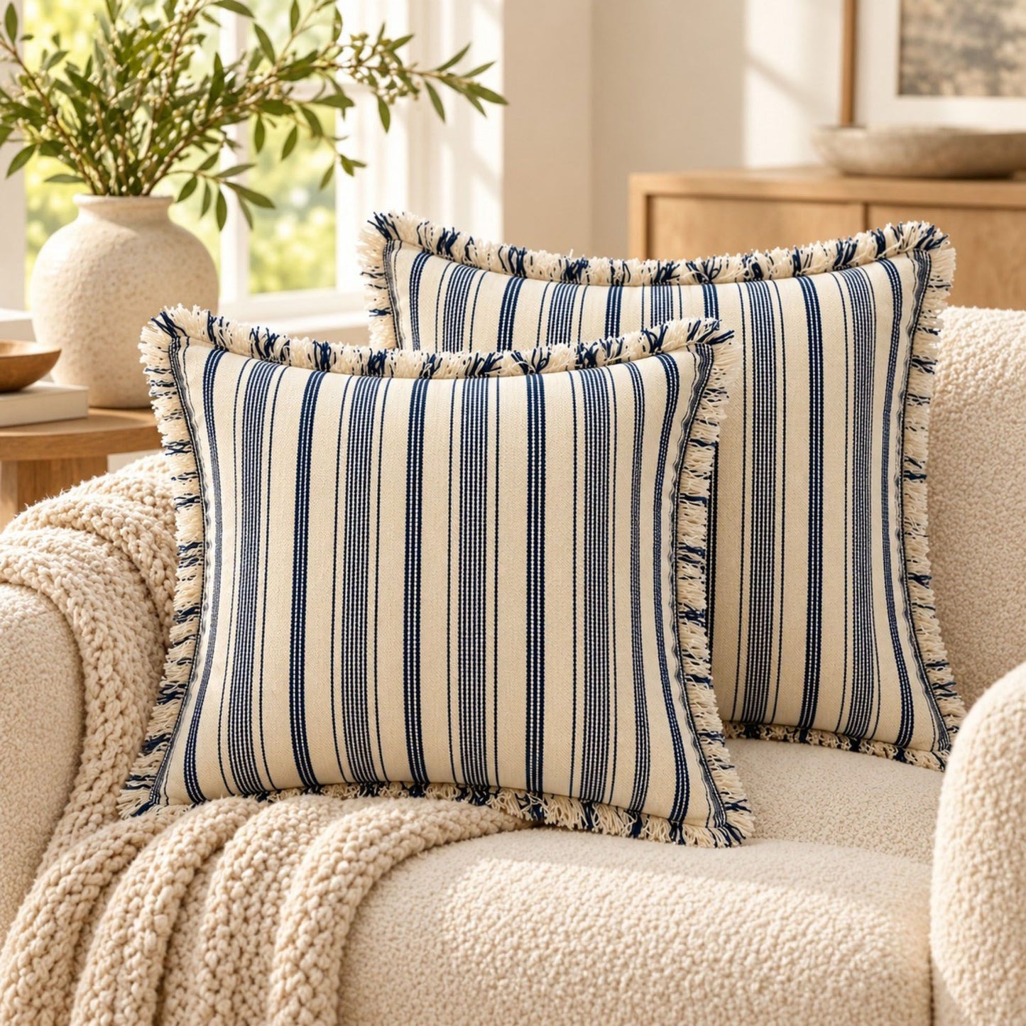 Striped Fringe Decorative Throw Pillow Cover Set of 2