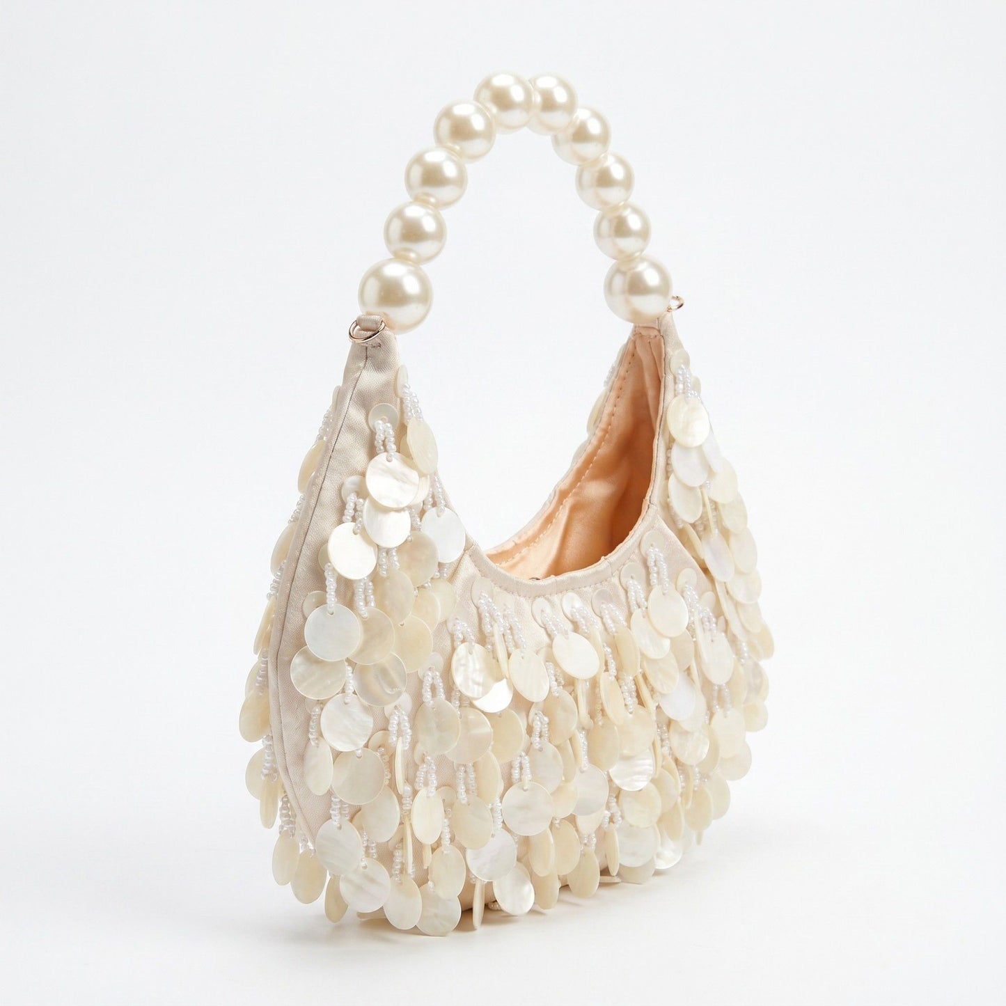 Shell Disc Embellished Shoulder Bag with Faux Pearl Handle Beaded Fringe Handbag 9.5x4.5x0.6 in