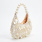 Shell Disc Embellished Shoulder Bag with Faux Pearl Handle Beaded Fringe Handbag 9.5x4.5x0.6 in