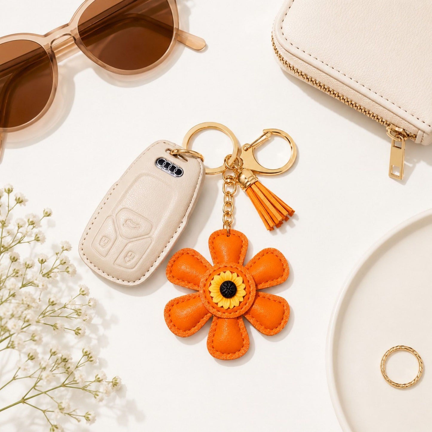 Faux Leather Sunflower Bag Charm Keychain Beige Floral Purse Accessory with Tassel