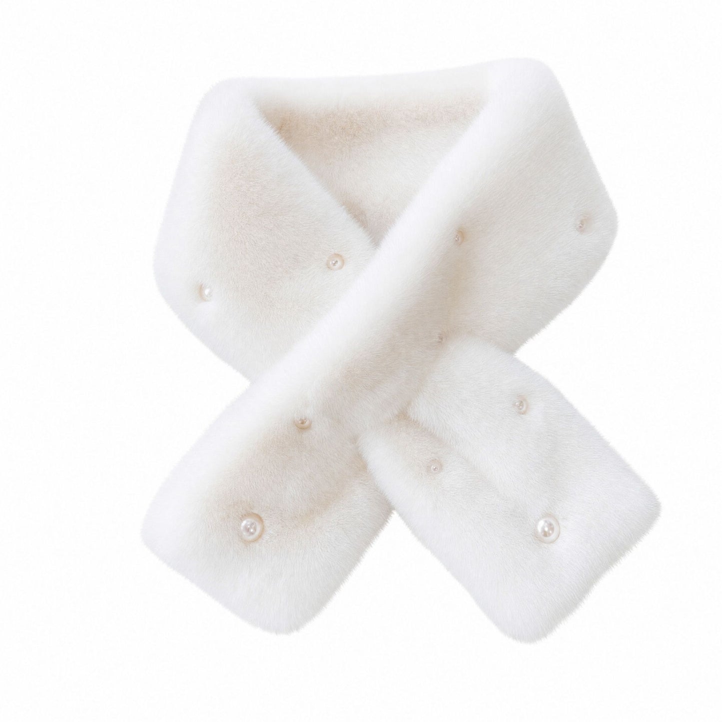 Plush Faux Fur Scarf with Pearl Accents Soft Winter Neck Warmer 31.5*4.7 Inches