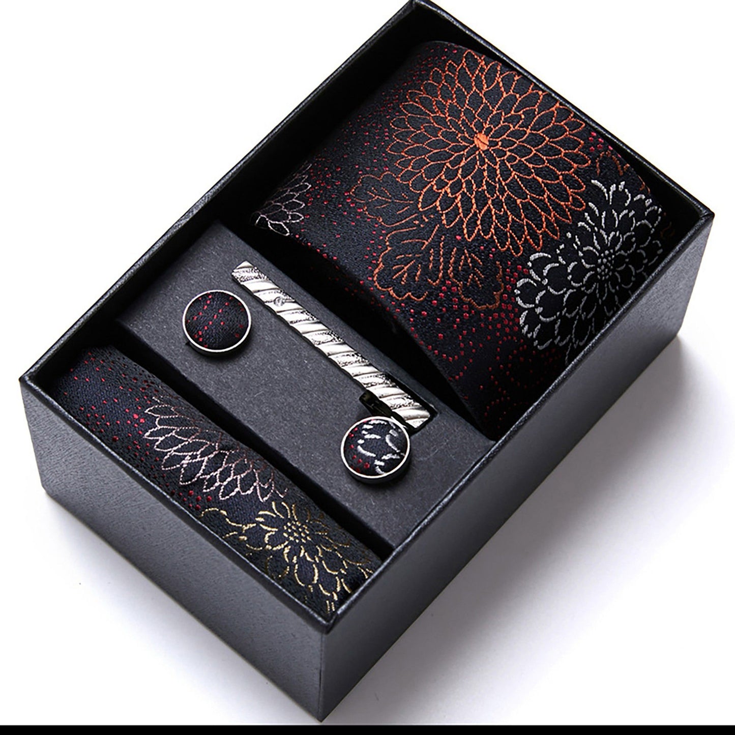 Men's Floral Pattern Tie Gift Set with Matching Pocket Square Cufflinks and Silver Tie Clip