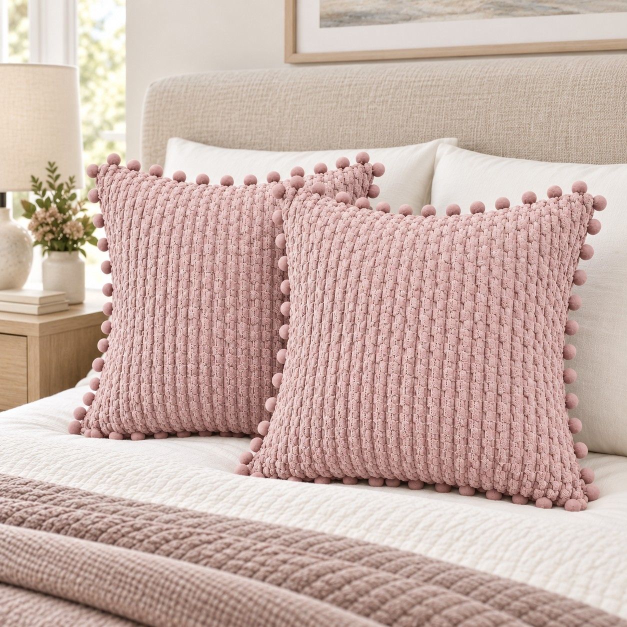 2 Pack Double Sided Corduroy Throw Pillow Covers 18 x 18 Inch with Pom Pom Trim