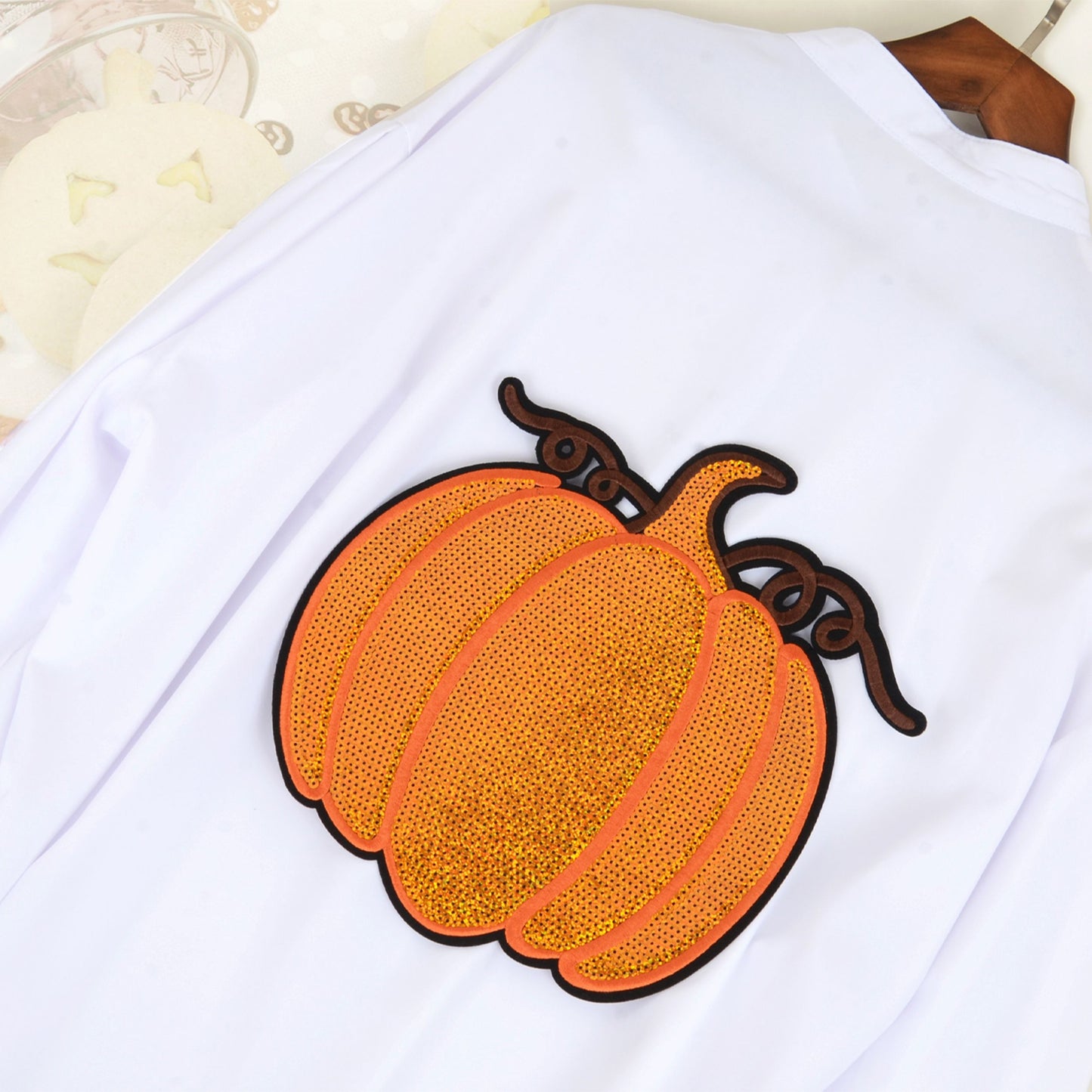 Halloween Pumpkin Ghost Large Sequin Iron On Patch Glitter Sewing Embroidery Repair Appliques Clothing Patch Costume Decor