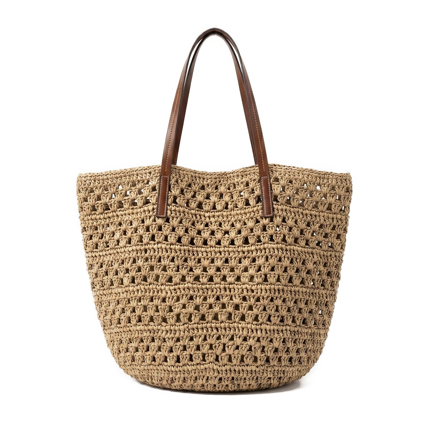 Woven Crochet Tote Bag with Leather Shoulder Straps Large Capacity Knit Handbag Lightweight Open Weave Tote