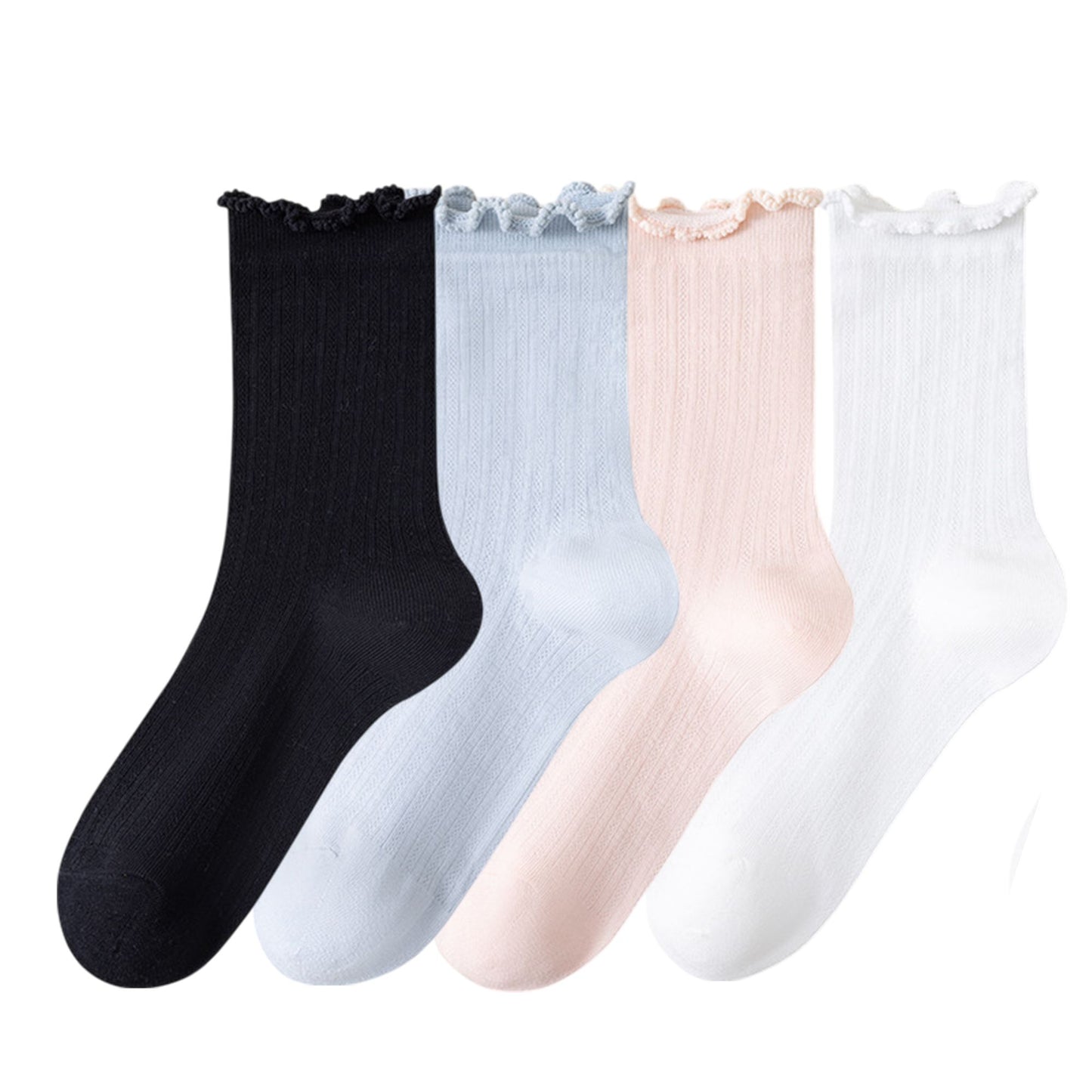 4-Pair Pack Soft Ribbed Ankle Socks with Ruffled Edge Trim Lightweight Knit Design in Multiple Color Combinations