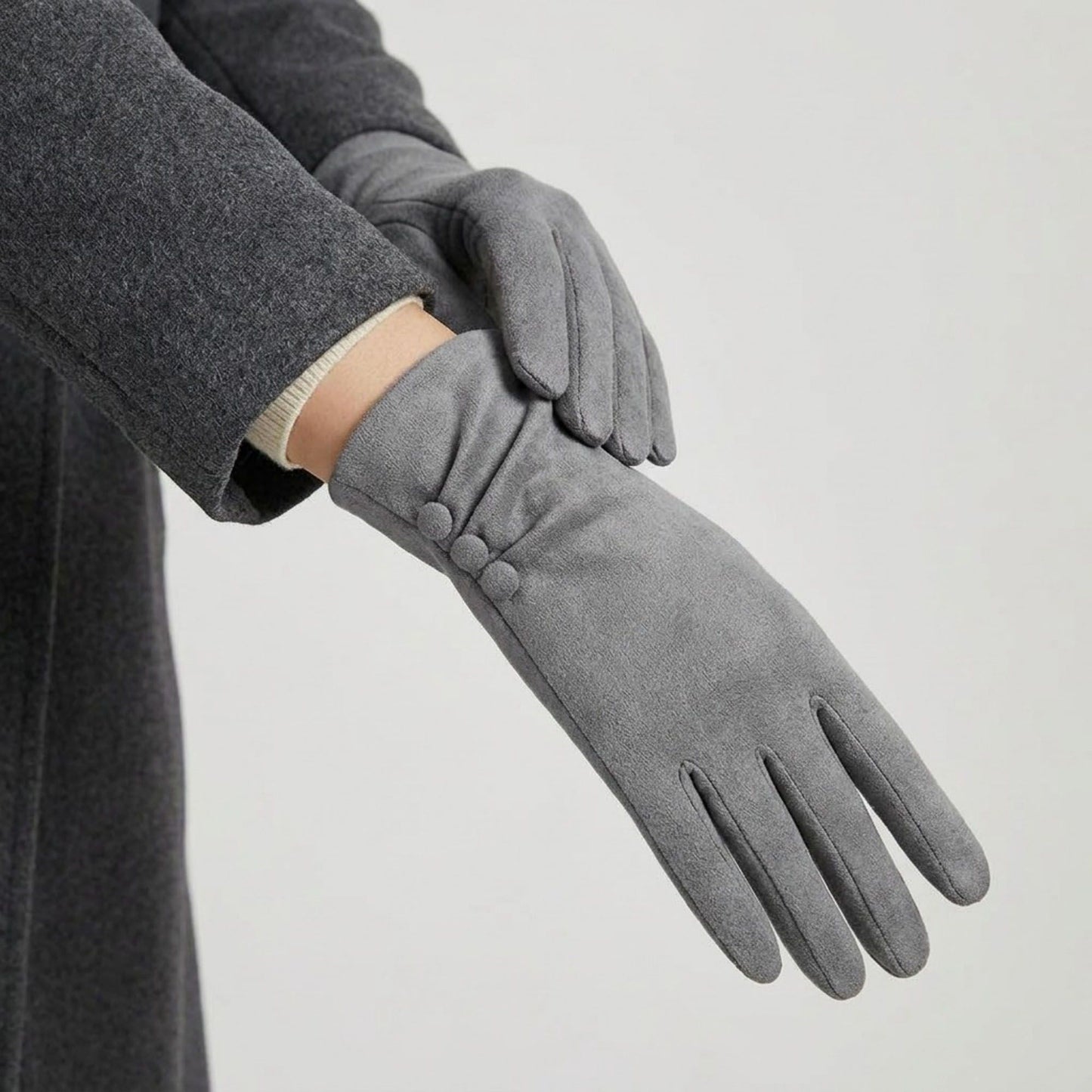 Faux Suede Winter Gloves with Pleated Wrist and Button Detail 9.4 x 3.3in