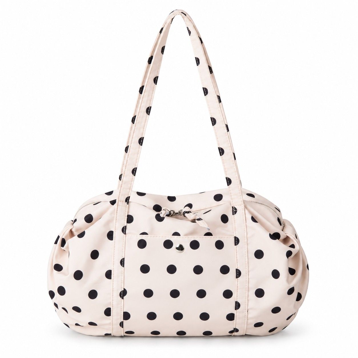 Polka Dot Nylon Barrel Shoulder Bag with Double Handles Zip Closure and Interior Pockets