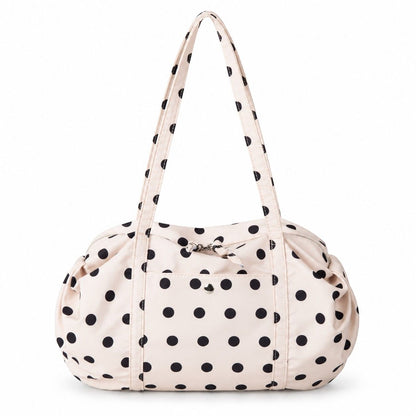Polka Dot Nylon Barrel Shoulder Bag with Double Handles Zip Closure and Interior Pockets