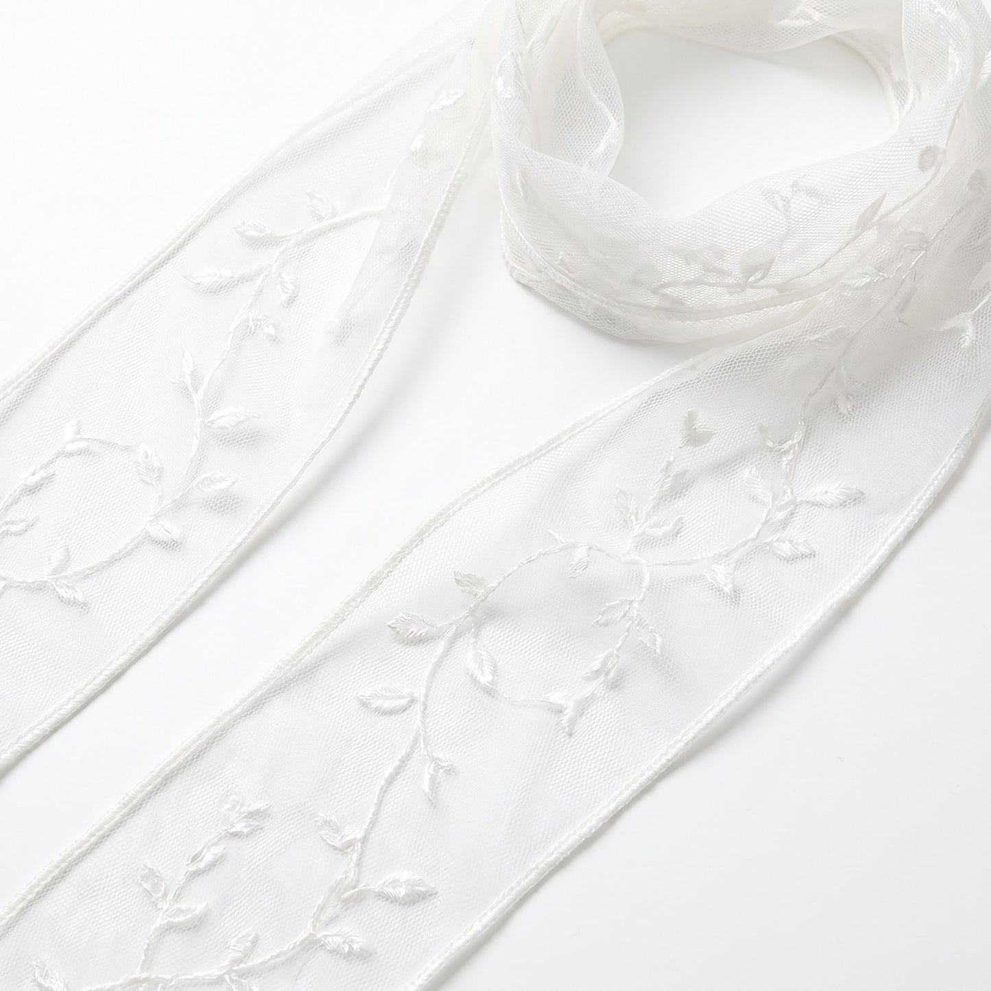 Sheer Embroidered Skinny Scarf with Vine Detail and Long Neck Tie Design