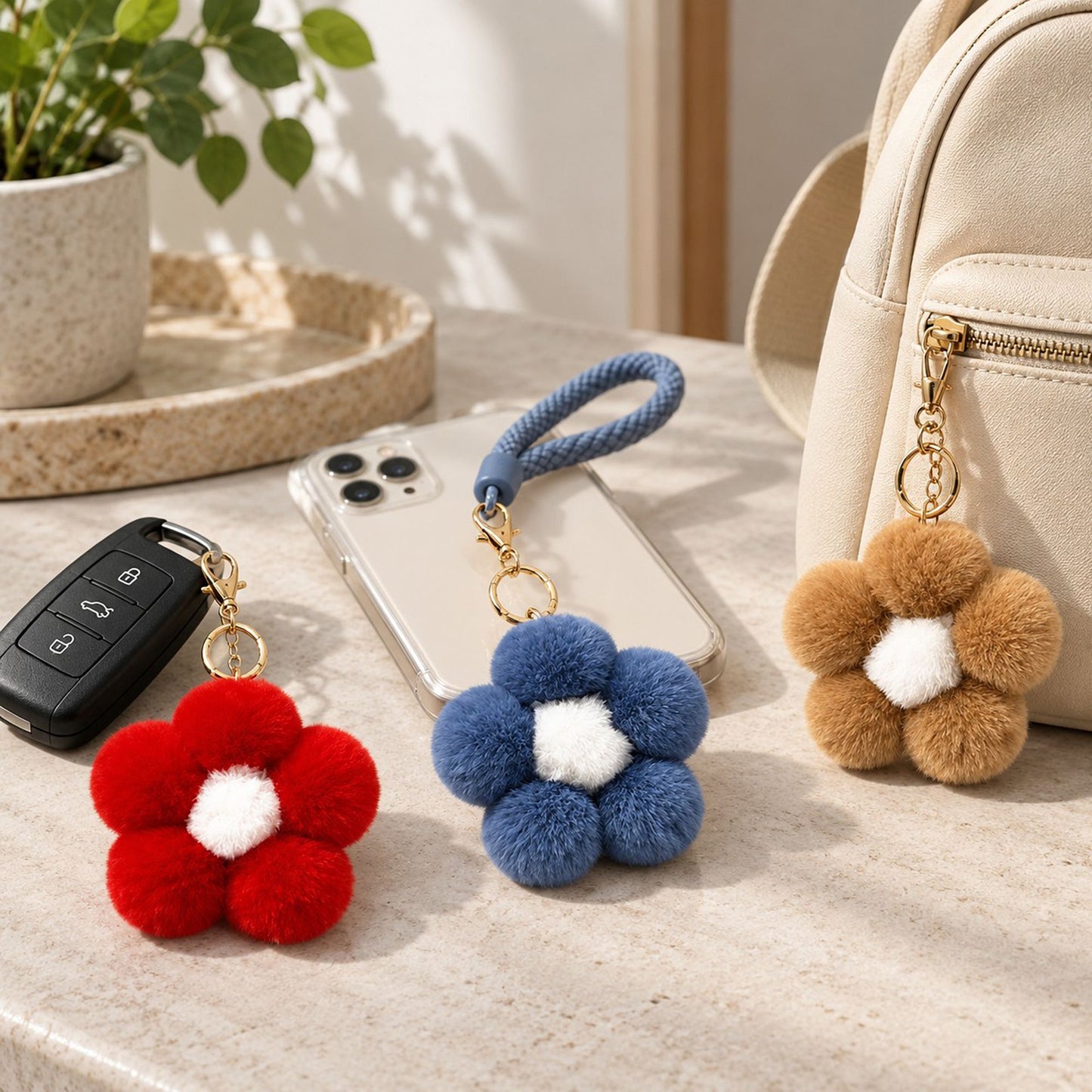 Fluffy Flower Pom Pom Keychain Cute Faux Fur Bag Charm Set