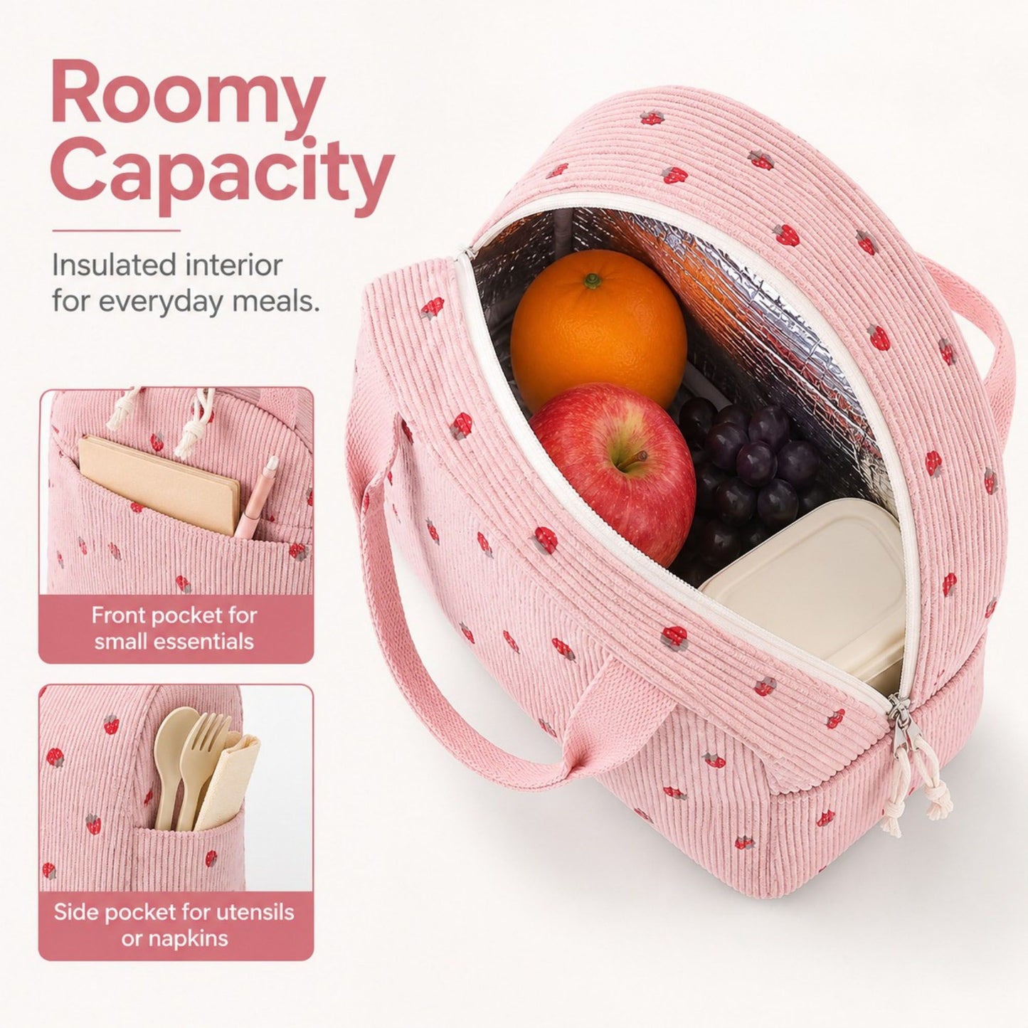 Strawberry Print Corduroy Insulated Lunch Bag with Handles and Zip Closure