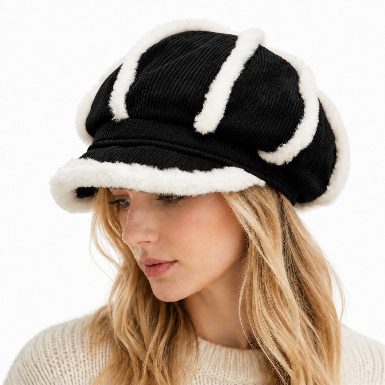 Corduroy Newsboy Cap Faux Fur Trim Baker Boy Hat Warm Casual Style