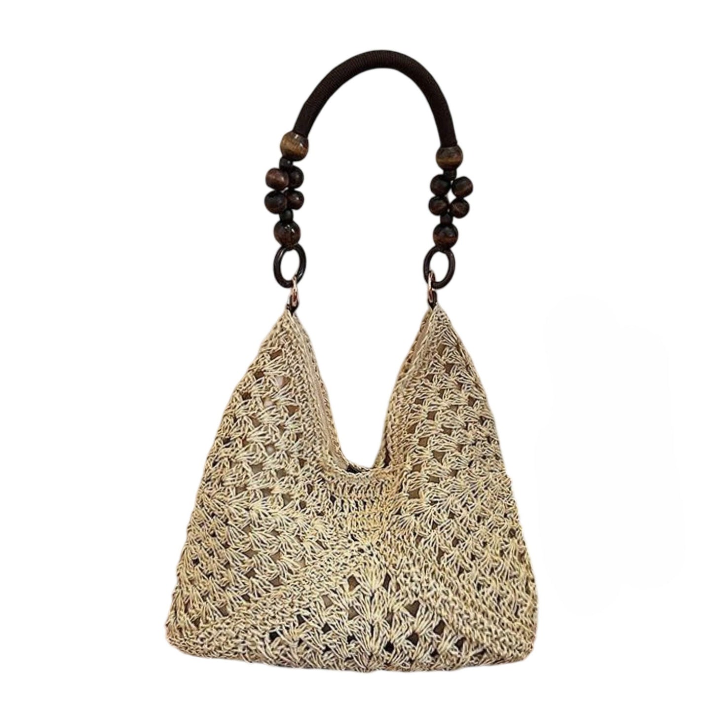 Woven Straw Hobo Bag with Wooden Handle Bead Accents and Spacious Interior