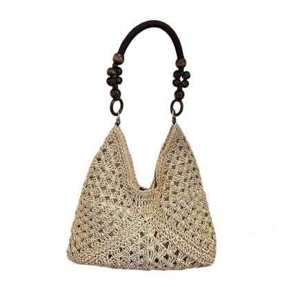 Woven Straw Hobo Bag with Wooden Handle Bead Accents and Spacious Interior