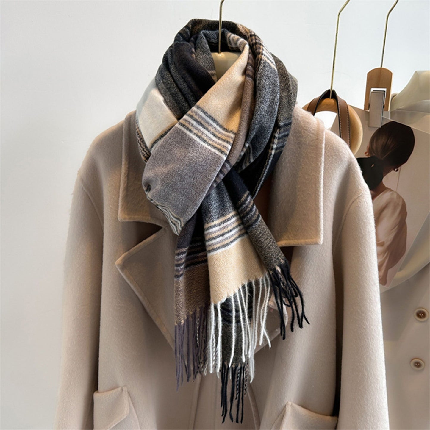 Plaid Tassel Trim Faux Cashmere-Like Winter Warm Scarf - 77IN¡Á26IN