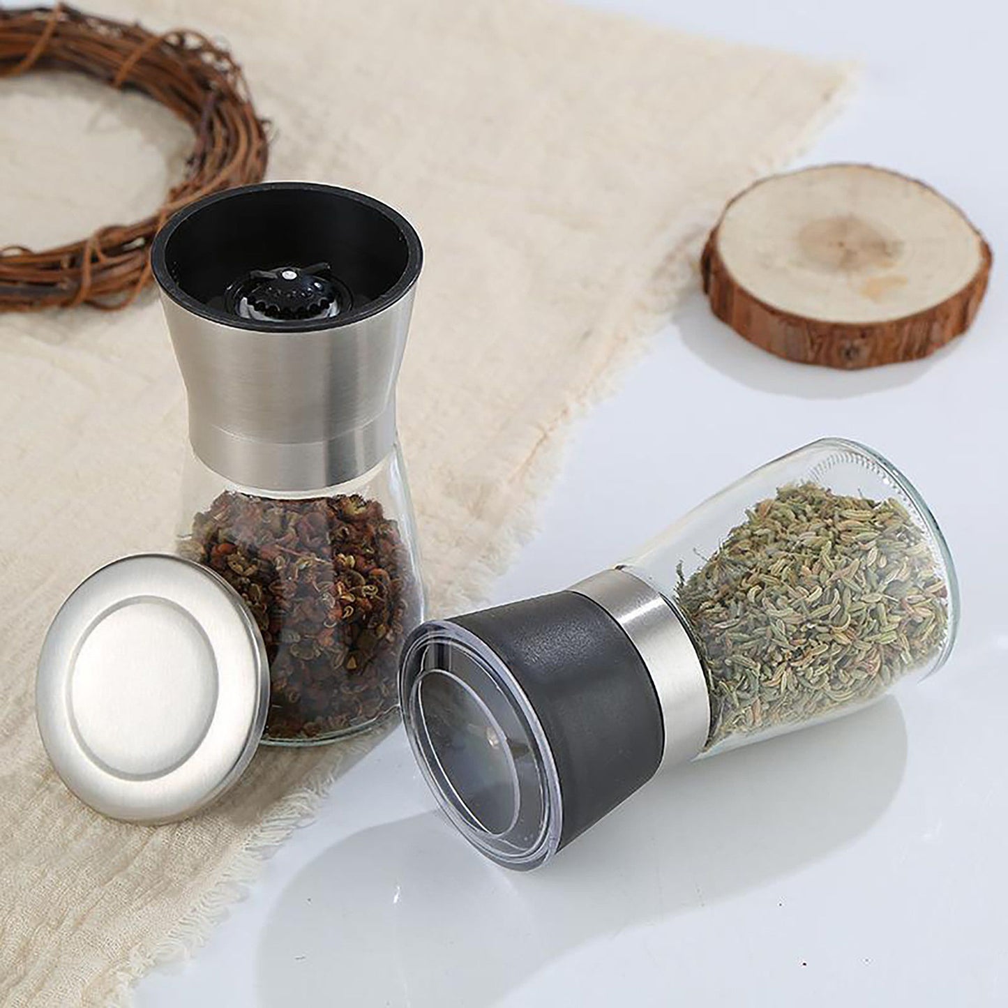 2-Piece Glass Salt and Pepper Grinder Set with Stainless Steel Accent