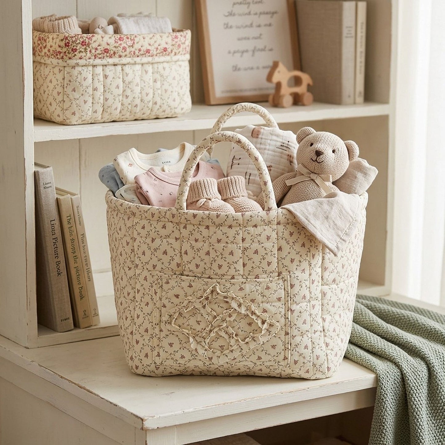 Floral Quilted Storage Basket with Handles and Tissue Pocket