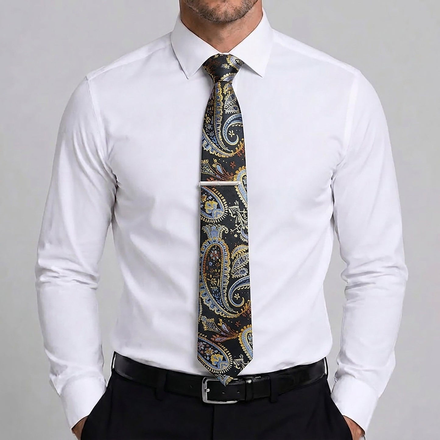 Men's Paisley Tie Gift Set with Matching Pocket Square Cufflinks and Silver Tie Clip