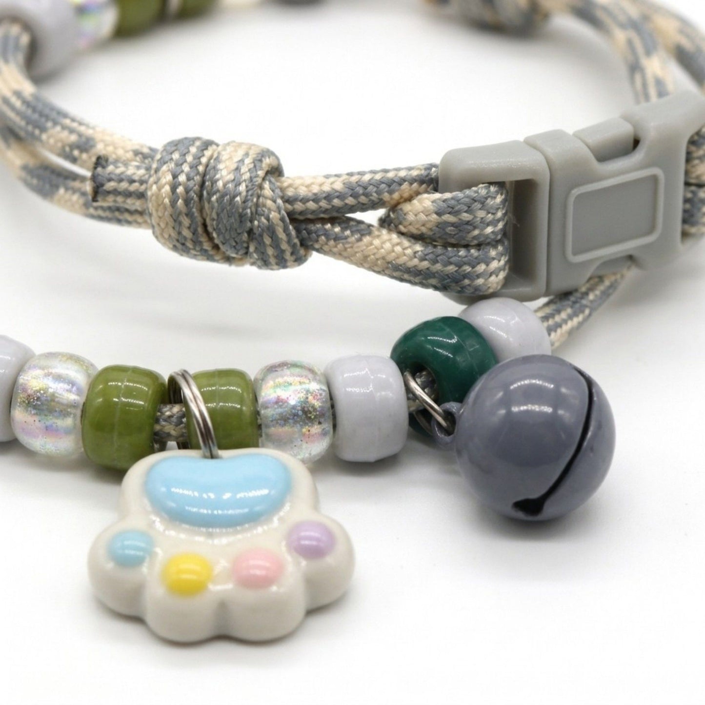 Adjustable Pet Collar with Bell Paw Charm Beaded Necklace Colorful Decorative Collar for Cats and Small Dogs