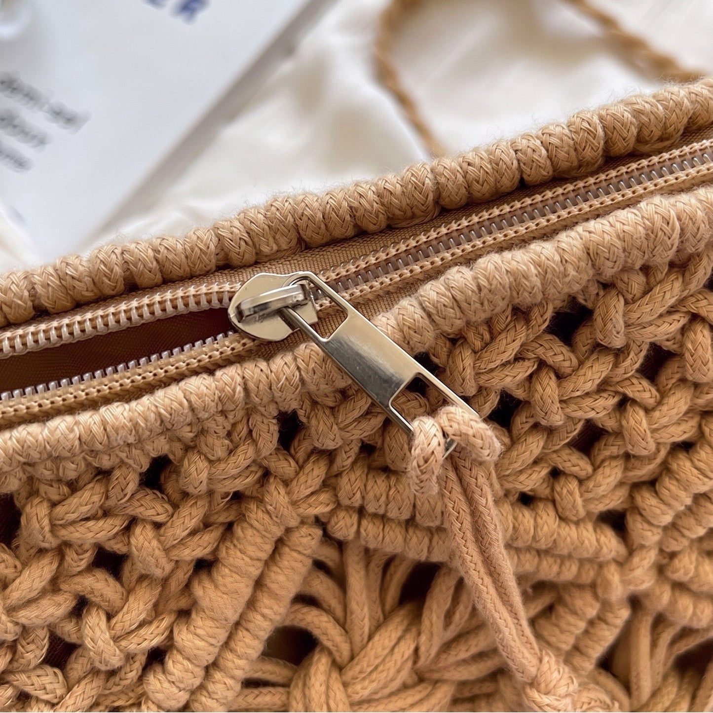 Macrame Crossbody Bag with Zip Closure and Interior Slip Pocket