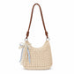 Decorative Woven Crossbody Bag with Pearl Charm, Scarf Accent and Zip Closure