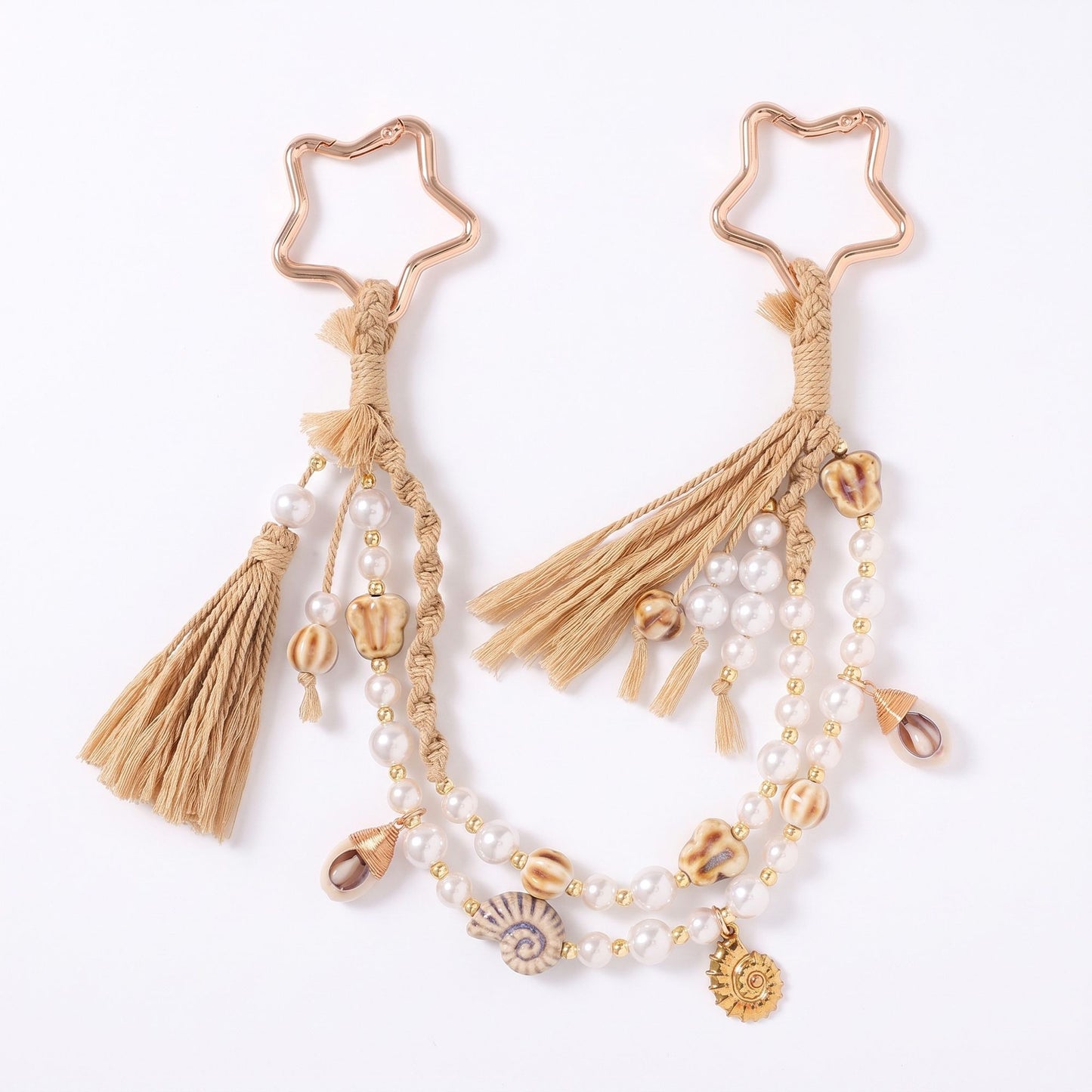 Coastal Bag Charm with Star Clips Pearl Look Beads Shell Accents and Tassels